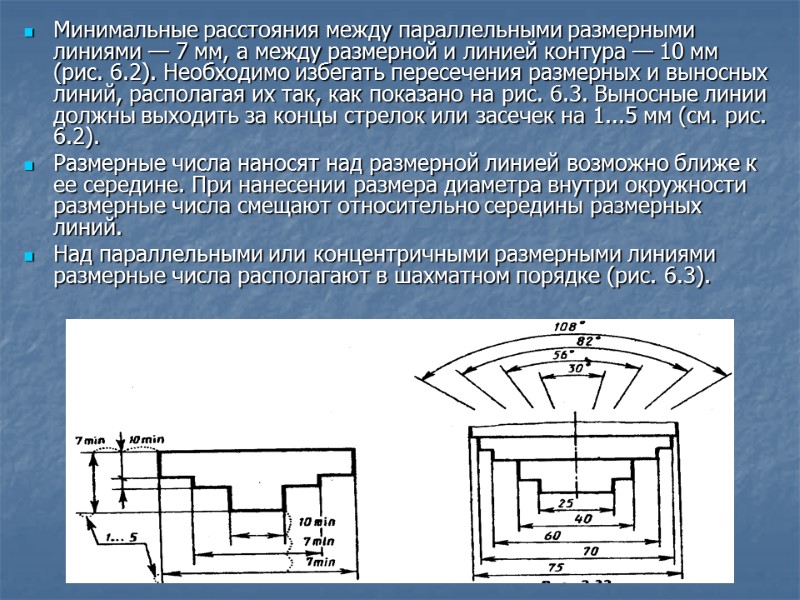 Минимальные расстояния между параллельными размерными линиями — 7 мм, а между размерной и линией